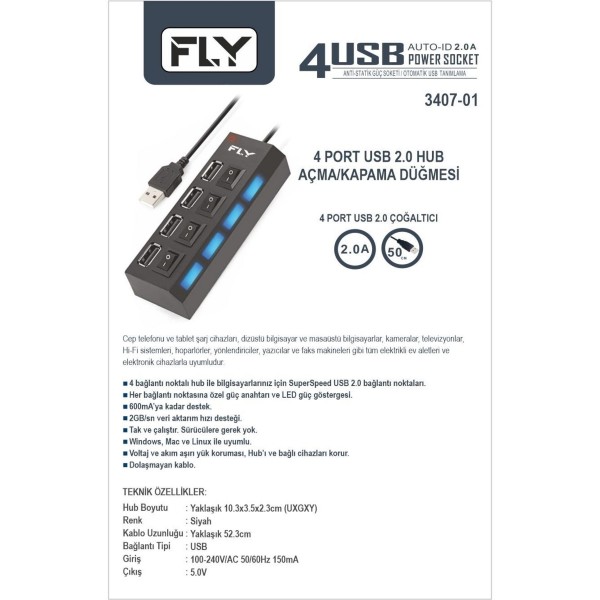 -3407-01 4'lü Usb Şarj,açma Kapama,50cm Usb Kab